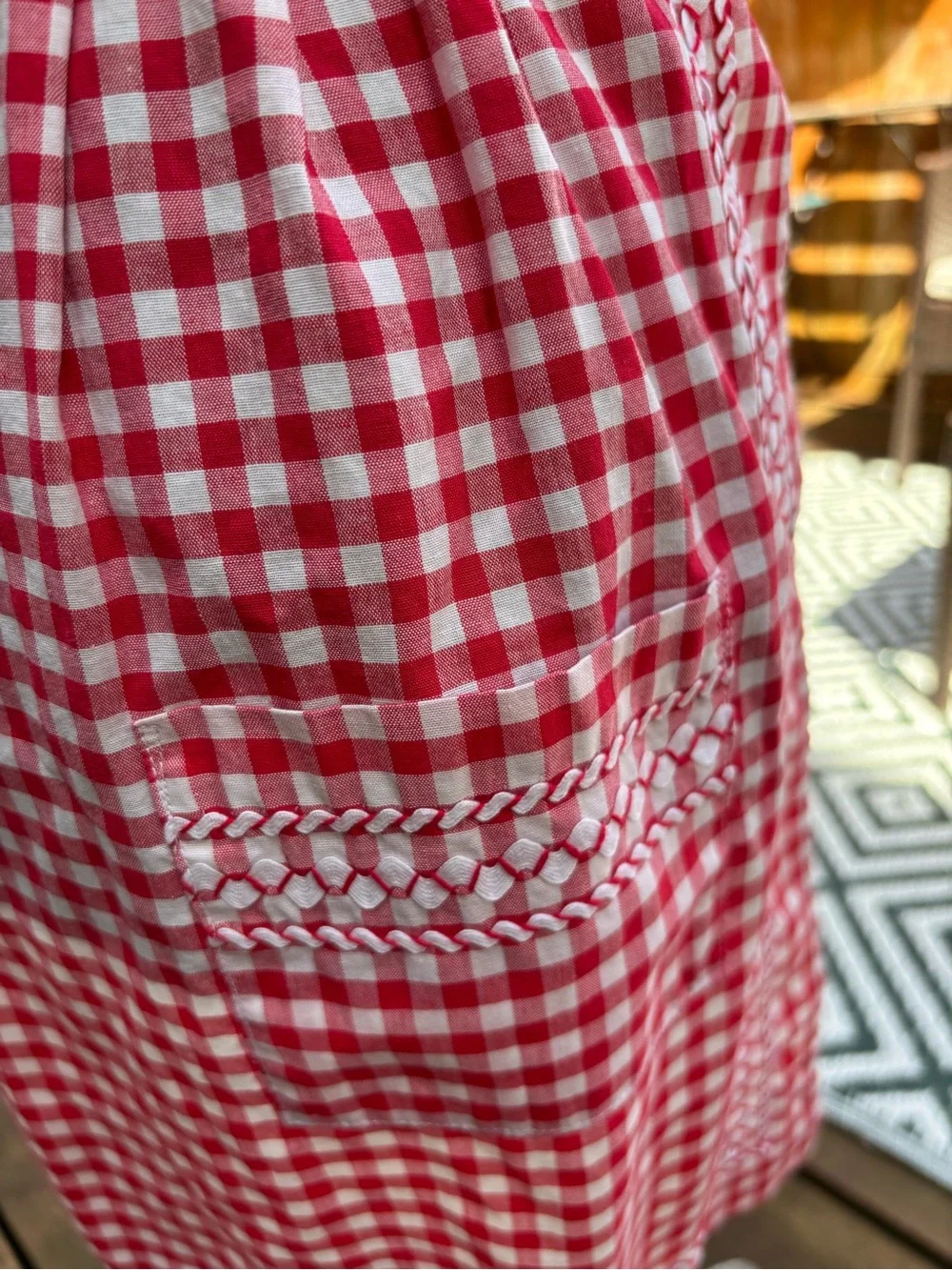 Vintage Red & White Gingham Half Apron with Pockets & Woven Detail Cottagecore